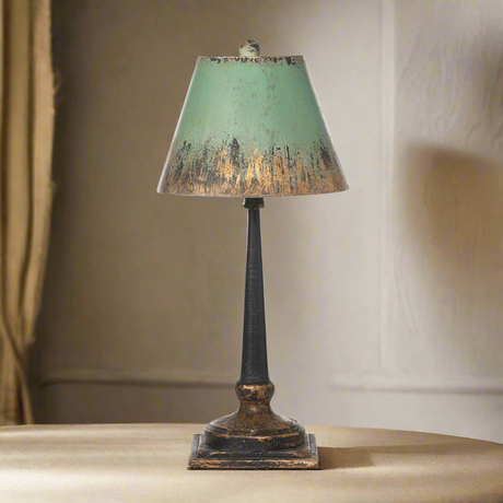 Vintage Table Lamp with Distressed Green and Gold Shade-table lamp-Parc Decor