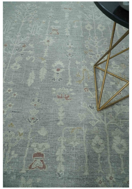 Vintage Texture, Low Pile Hand Knotted Silver and Ivory Traditional Oushak Multi Size Wool Area Rug