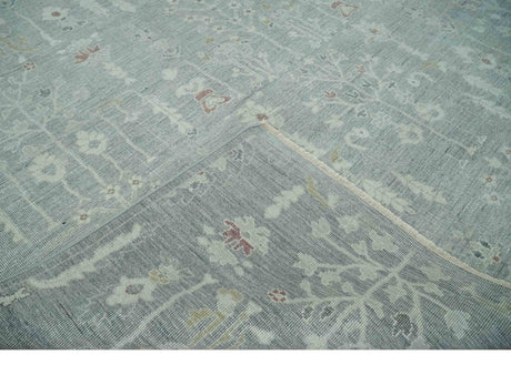 Vintage Texture, Low Pile Hand Knotted Silver and Ivory Traditional Oushak Multi Size Wool Area Rug