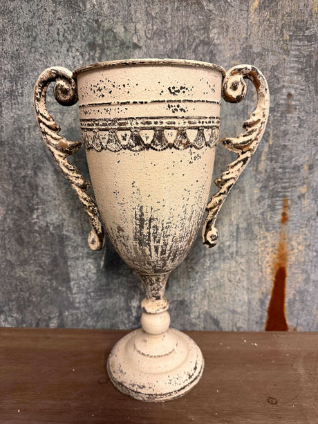 Vintage Trophy Vase In Distressed Metal-vase-Parc Decor