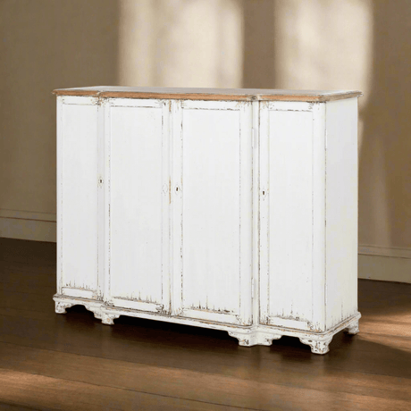 Vintage White Painted Entryway Cabinet with Distressed Wood Top-Cabinet-Parc Decor