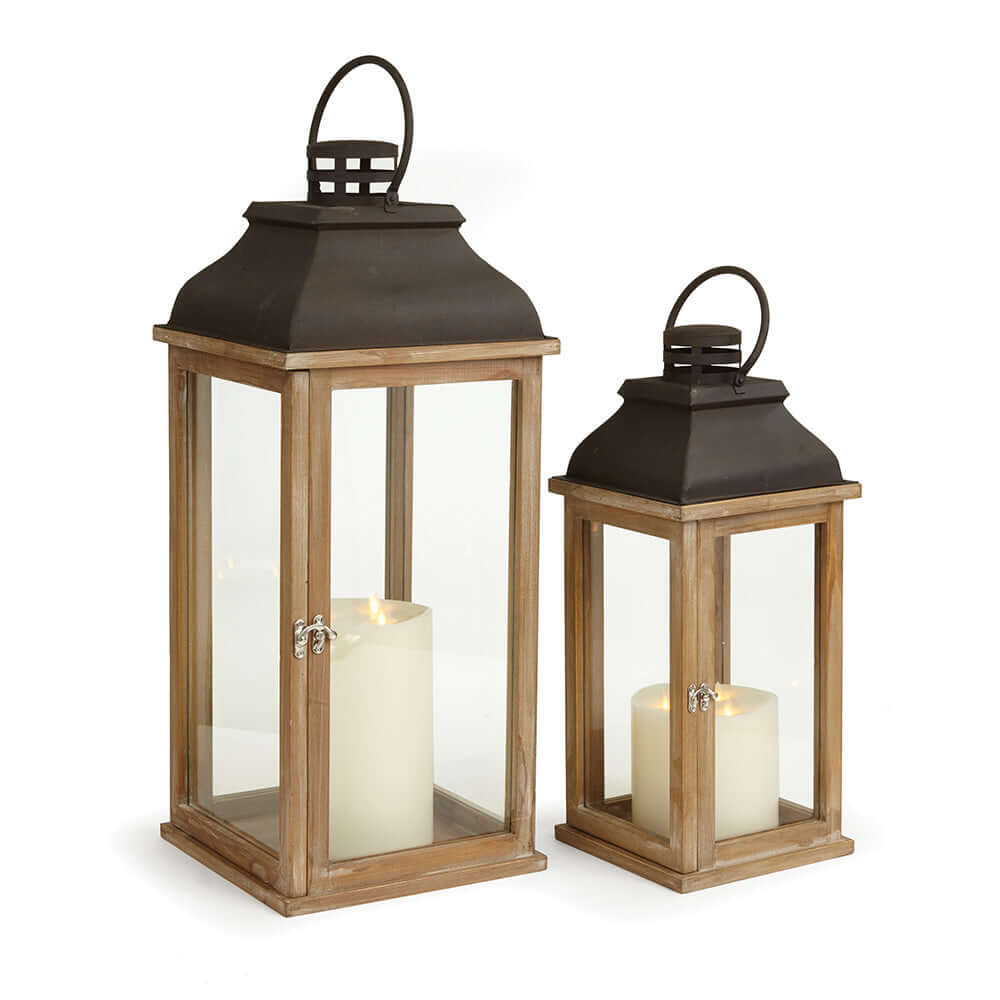 Vintage Wood and Metal Lantern Set with Glass Panels (Set of 2)-Candle Holder-Parc Decor