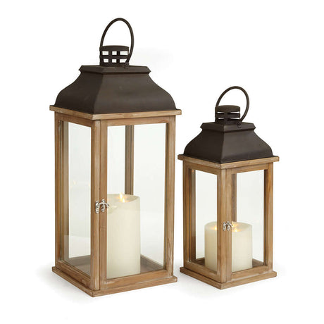 Vintage Wood and Metal Lantern Set with Glass Panels (Set of 2)-Candle Holder-Parc Decor