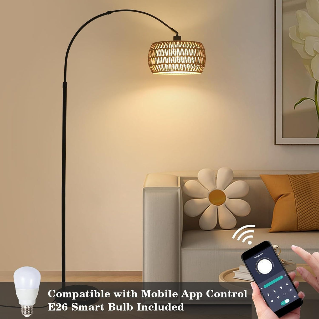 Walker Edison | Boho Arc Floor Lamps for Living Room with 3 Color Temperatures