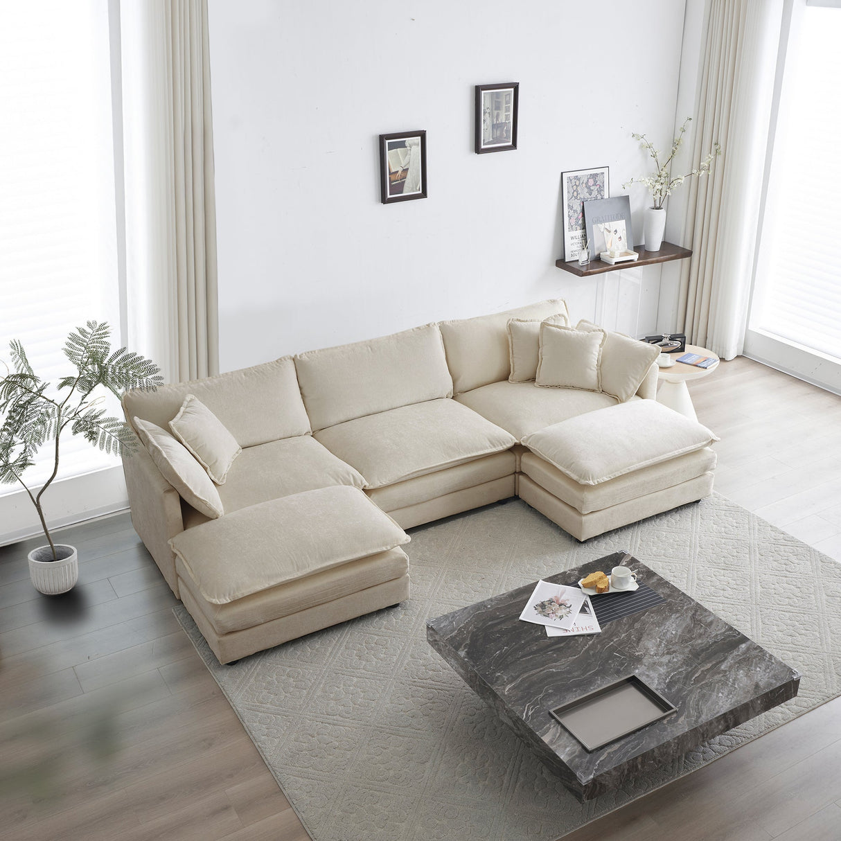 Walker Edison | Chenille Modular Cloud U-Shaped Sectional Sofa with Two Ottomans
