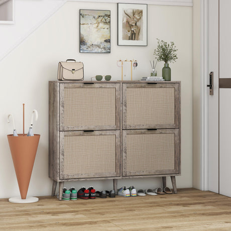 Walker Edison | Modern Rattan 4 Door Shoe Rack Cabinet for Entryway