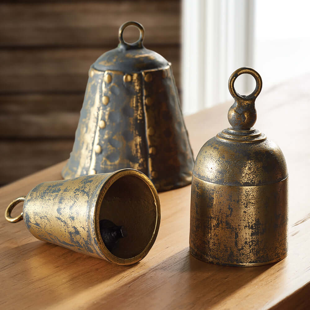 Weathered Metal Bells with Antique Brass Finish (Set of 3)-Bells-Parc Decor