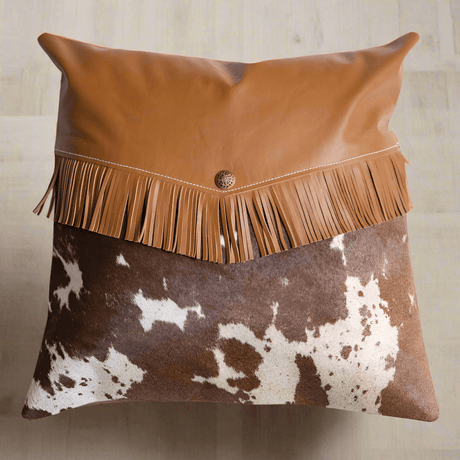 Western Cowhide Pillow with Leather Fringe-Pillow-Parc Decor