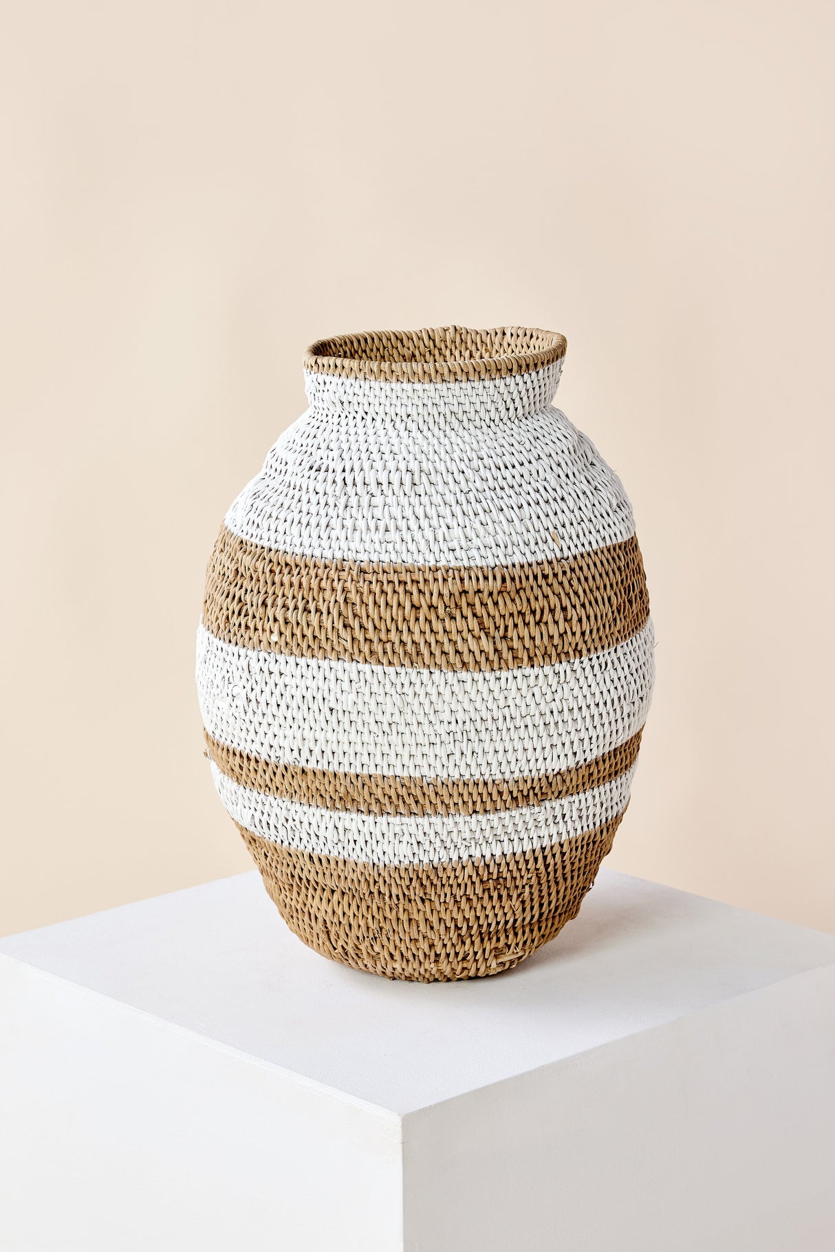 White Striped Buhera Basket-Baskets & Vessels-Parc Decor
