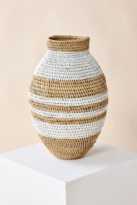 White Striped Buhera Basket-Baskets & Vessels-Parc Decor