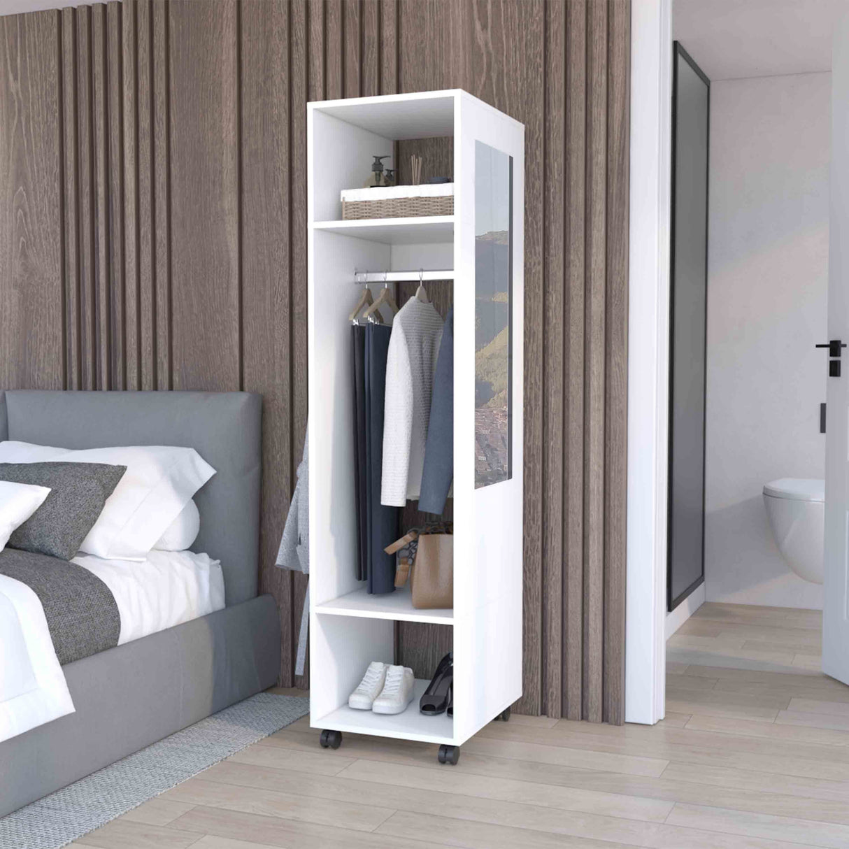White Tall Wardrobe Armoire with Mirror-Storage & Organization-Parc Decor