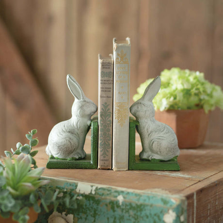 White Vintage Cottagecore Rabbit Bookends in Cast Iron-Bookends-Parc Decor
