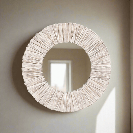Whitewashed Wood Slat Round Wall Mirror-Wall Mirror-Parc Decor