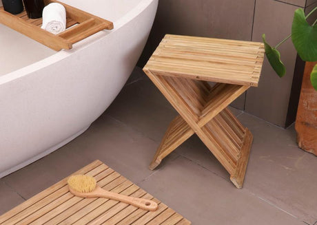 Winchester Teak Shower and Bath Folding Stool with Horizontal Slats-Parc Decor