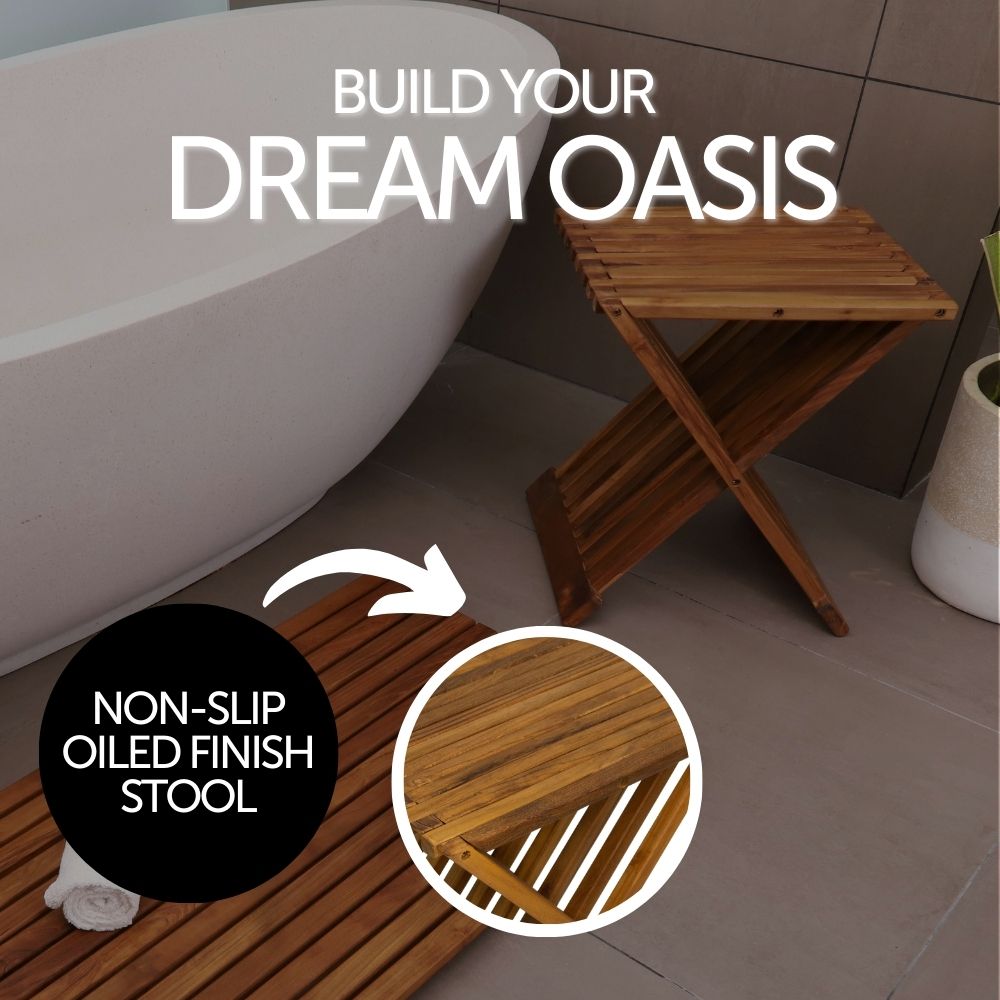 Winchester Teak Shower and Bath Folding Stool with Horizontal Slats-Parc Decor