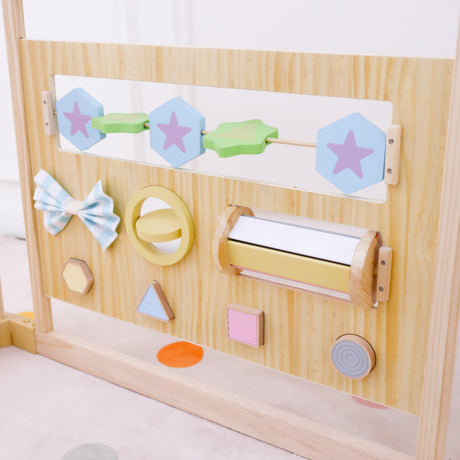 Wooden Baby Playpen with Mirror & Whiteboard Panel – Foldable 63" x 63" Montessori Sensory Play Yard
