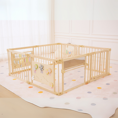 Wooden Baby Playpen with Mirror & Whiteboard Panel – Foldable 63" x 63" Montessori Sensory Play Yard-Parc Decor