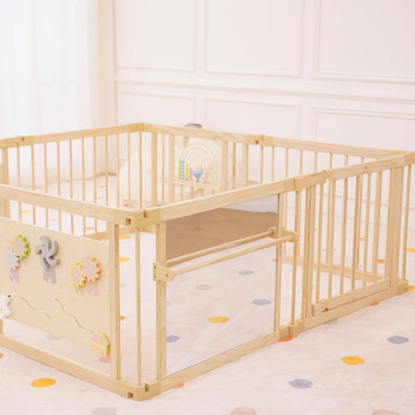 Wooden Baby Playpen with Mirror & Whiteboard Panel – Foldable 63" x 63" Montessori Sensory Play Yard-Parc Decor