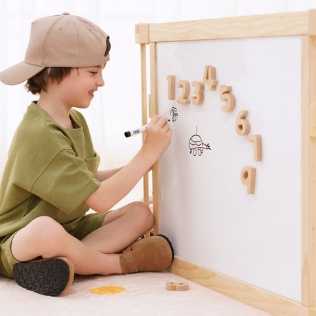 Wooden Baby Playpen with Mirror & Whiteboard Panel – Foldable 63" x 63" Montessori Sensory Play Yard-Parc Decor