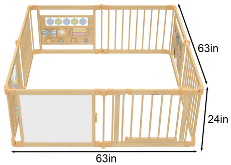 Wooden Baby Playpen with Mirror & Whiteboard Panel – Foldable 63" x 63" Montessori Sensory Play Yard-Parc Decor