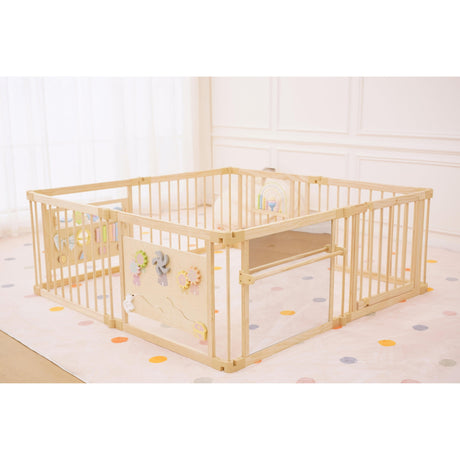 Wooden Baby Playpen with Mirror & Whiteboard Panel – Foldable 63" x 63" Montessori Sensory Play Yard-Parc Decor