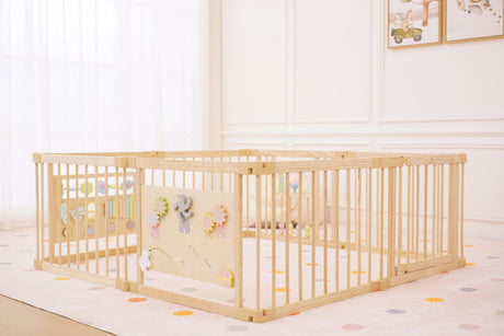 Wooden Baby Playpen with Sensory Activity Panels – 63" x 63" Square, Foldable Indoor Play Yard with Montessori Toys