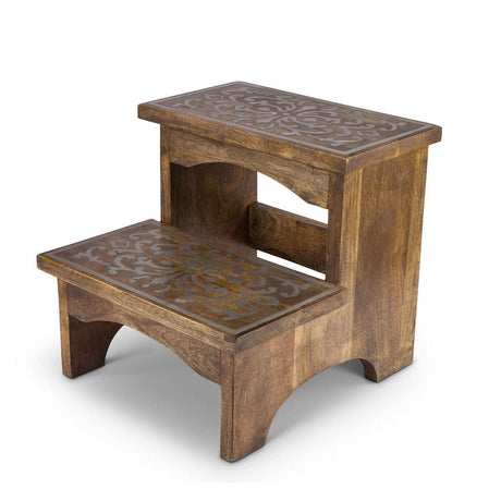 Wooden Step Stool with Decorative Metal Inlay-Step Stool-Parc Decor