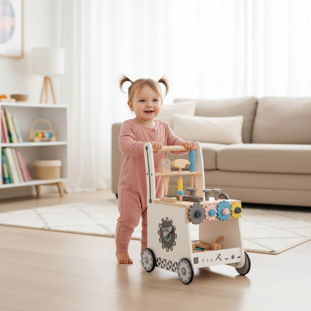 Wooden Tool Walker for Kids 3+ | Push Wagon with Toy Tool Set, Gears, Clock & Storage
