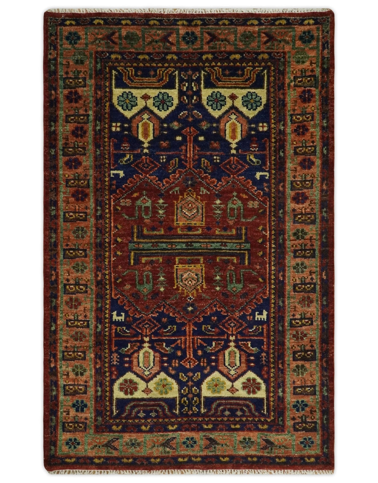 Wool Traditional Antique Style Wool Red and Blue Area Rug