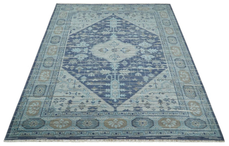 Woolen 8x10 Navy Blue and Beige Traditional Hand Knotted Wool Area Rug