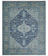 Woolen 8x10 Navy Blue and Beige Traditional Hand Knotted Wool Area Rug