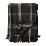 Woven Cotton Blend Throw Blanket with Fringe, Black & Tan Plaid-Throw Blankets-Parc Decor
