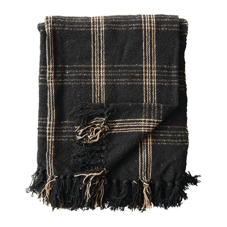 Woven Cotton Blend Throw Blanket with Fringe, Black & Tan Plaid-Throw Blankets-Parc Decor