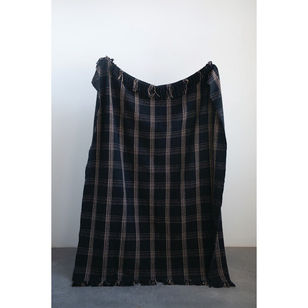 Woven Cotton Blend Throw Blanket with Fringe, Black & Tan Plaid-Throw Blankets-Parc Decor