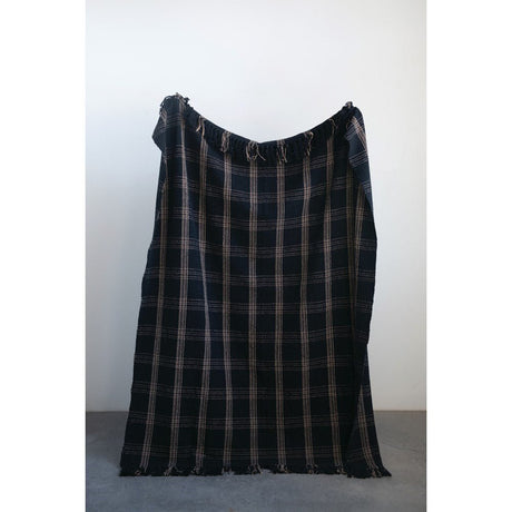 Woven Cotton Blend Throw Blanket with Fringe, Black & Tan Plaid-Throw Blankets-Parc Decor