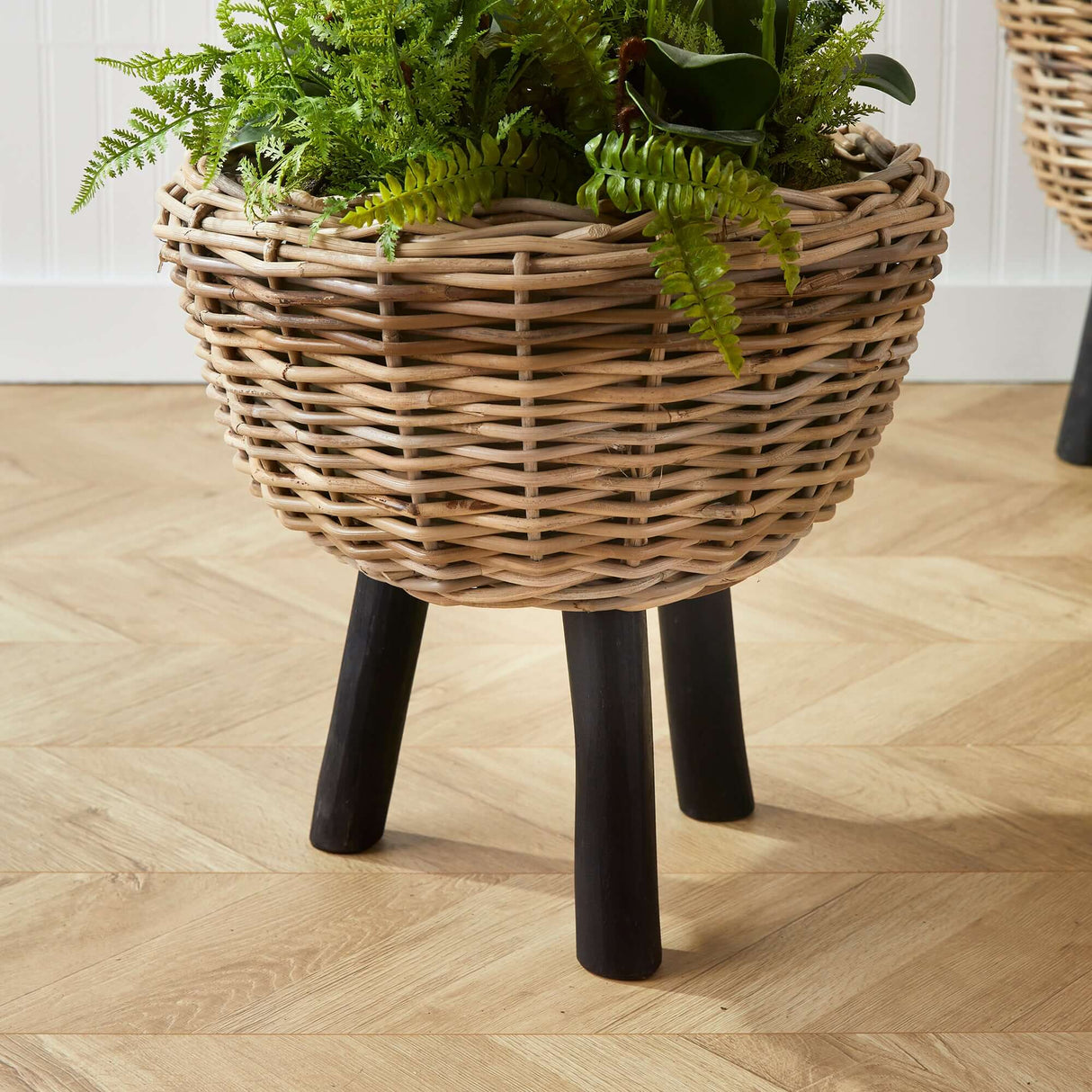 Woven Rattan Planter with Plastic Pot and Wood Legs-Plant Stand-Parc Decor