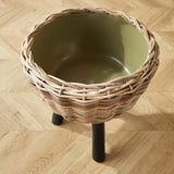 Woven Rattan Planter with Plastic Pot and Wood Legs-Plant Stand-Parc Decor