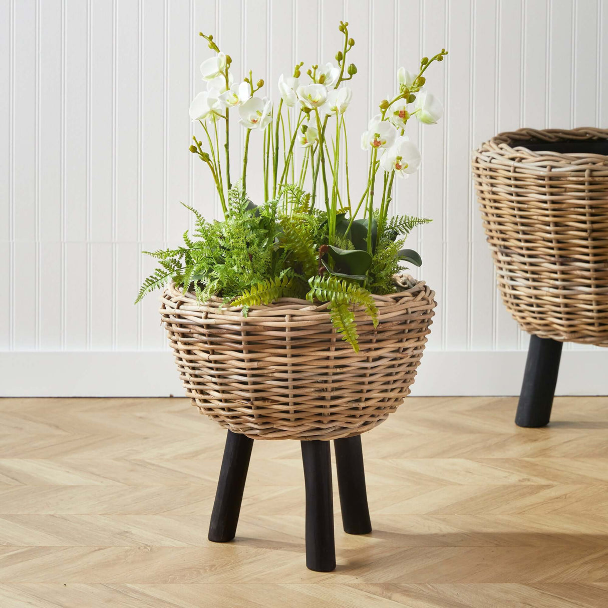 Woven Rattan Planter with Plastic Pot and Wood Legs-Plant Stand-Parc Decor