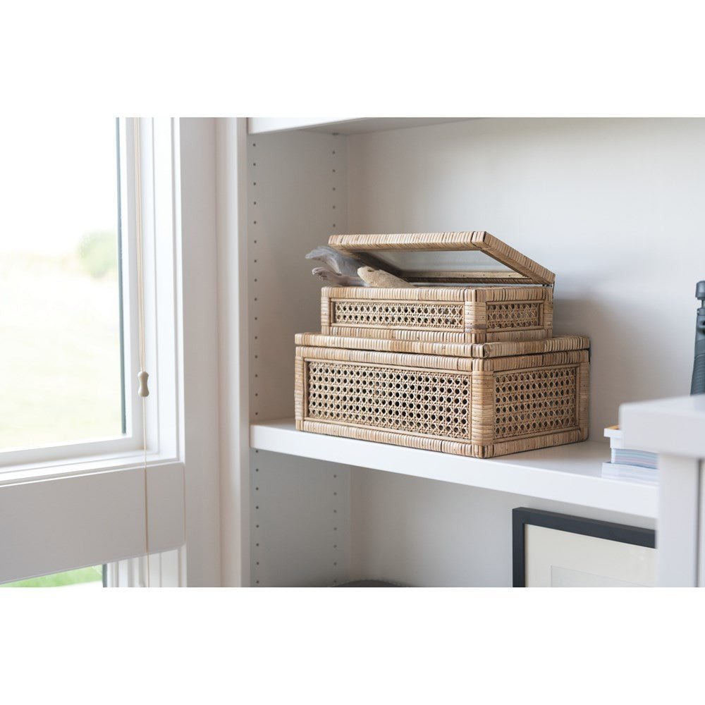 Woven Rattan & Wood Display Boxes with Glass Lid, Set of 2-Boxes-Parc Decor
