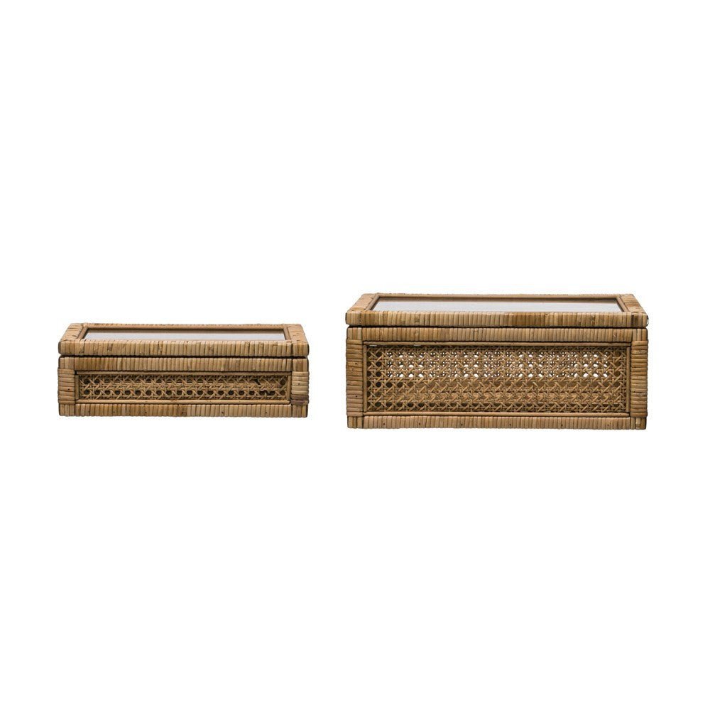 Woven Rattan & Wood Display Boxes with Glass Lid, Set of 2-Boxes-Parc Decor