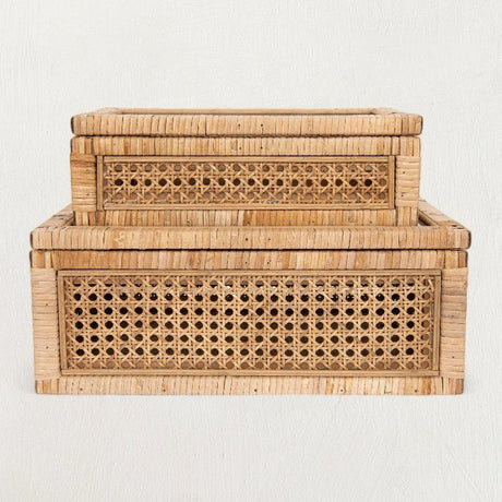 Woven Rattan & Wood Display Boxes with Glass Lid, Set of 2-Boxes-Parc Decor