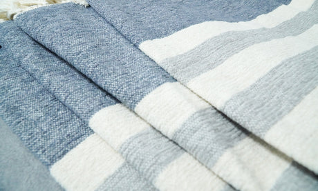 Woven White and Blue Modern Cotton Throw Blanket-Area Rug-Parc Decor