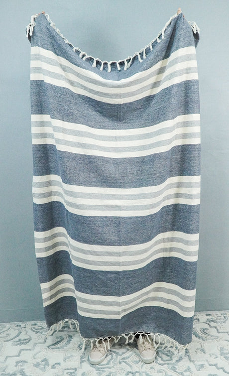 Woven White and Blue Modern Cotton Throw Blanket-Area Rug-Parc Decor