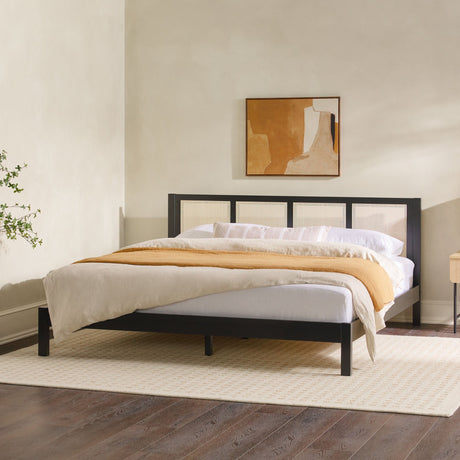 Yasmina Solid Wood Rattan Paneled Platform Bed (Queen or King)-Bedroom-Parc Decor