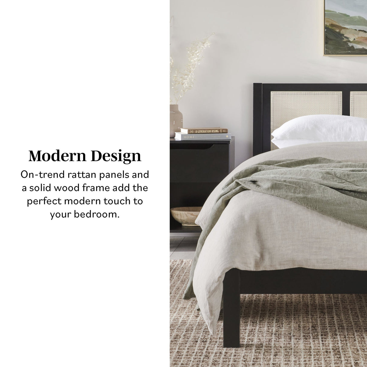 Yasmina Solid Wood Rattan Paneled Platform Bed (Queen or King)-Bedroom-Parc Decor